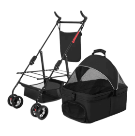 4 Wheels Pet Stroller Foldable Carrier Strolling Cart Travel Jogger Pet Stroller With Removable Liner Storage Basket For Dog Cat (Color: Black)